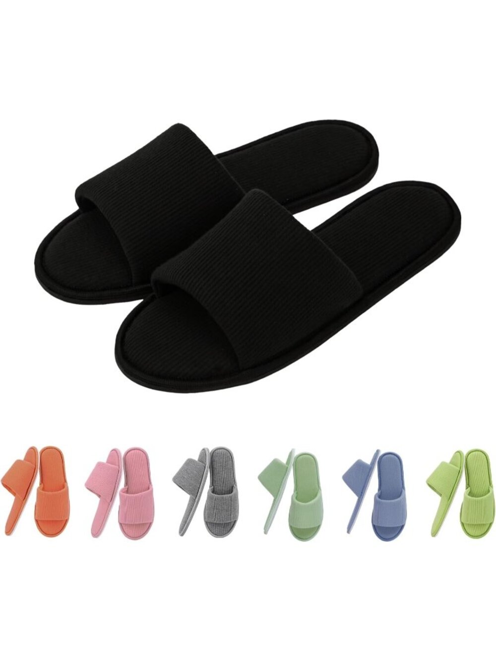 Women's Black Waffle Fabric Memory Foam Cushioning Slip-On Open Toe Slippers